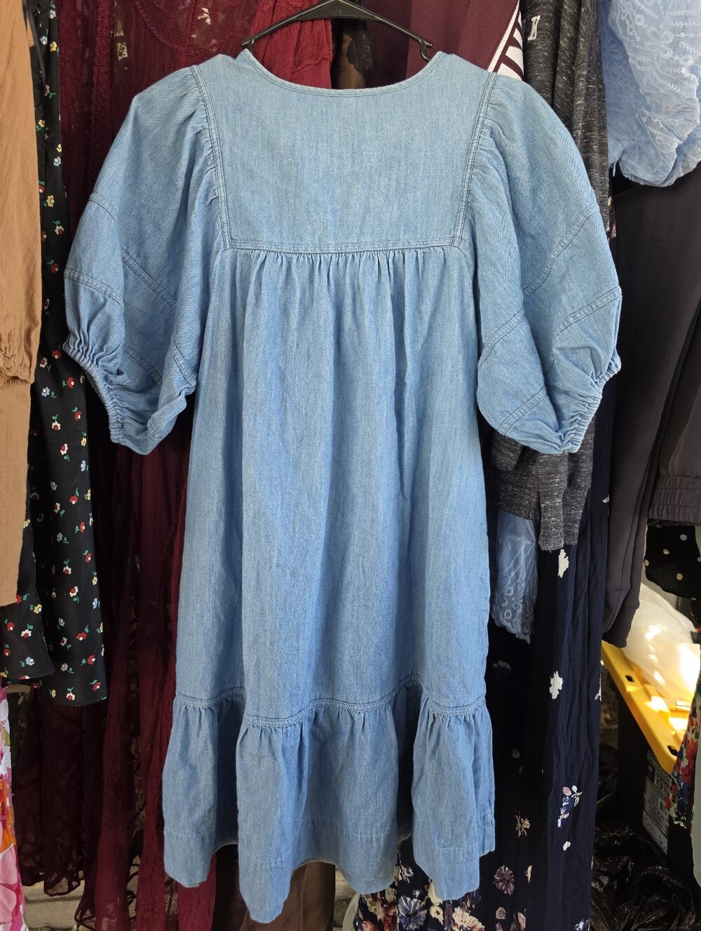 Old Navy Blue Chambray Tie-Front Puff Sleeve Dress - Picture 3 of 7